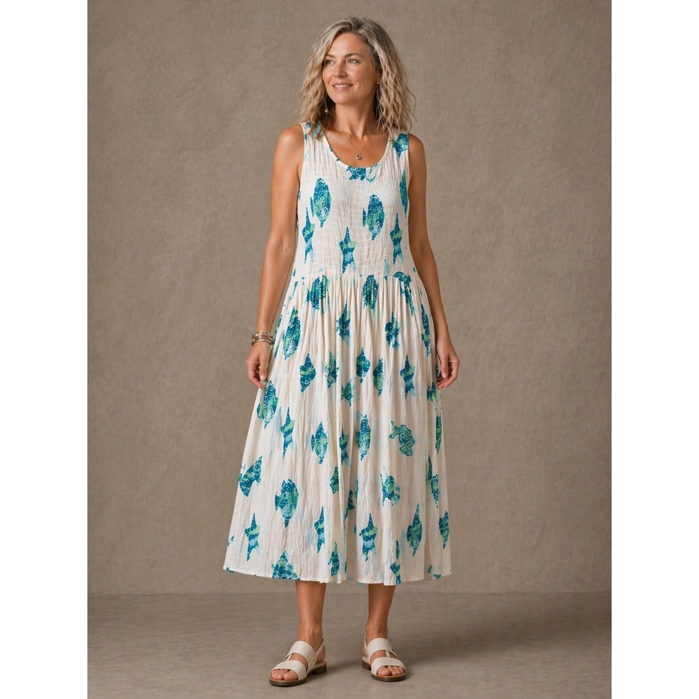 Kaktus Women Small Ivory Teal‎ Fish Print Smocked Midi Dress Sleeveless Coastal